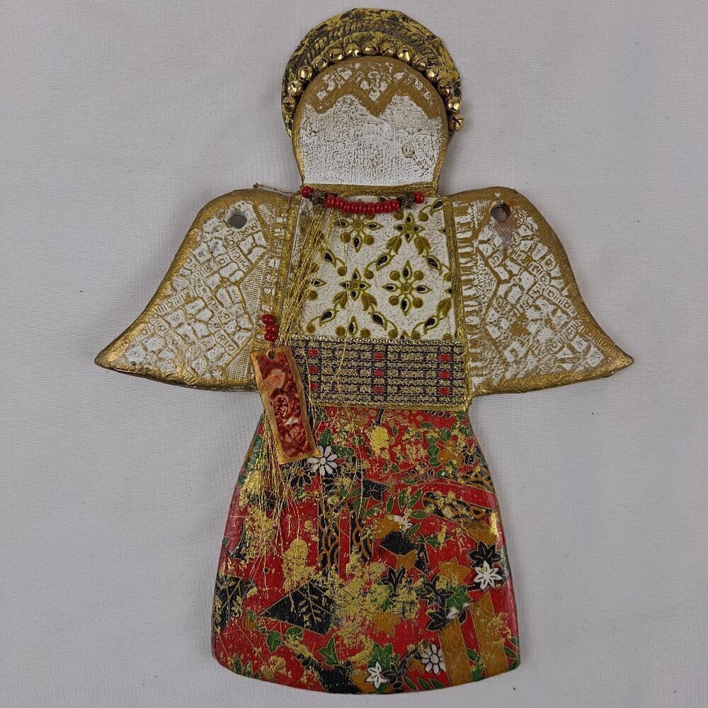 Handmade Clay Pottery Golden Angel Plaque Bead Embellishments Artist Signed